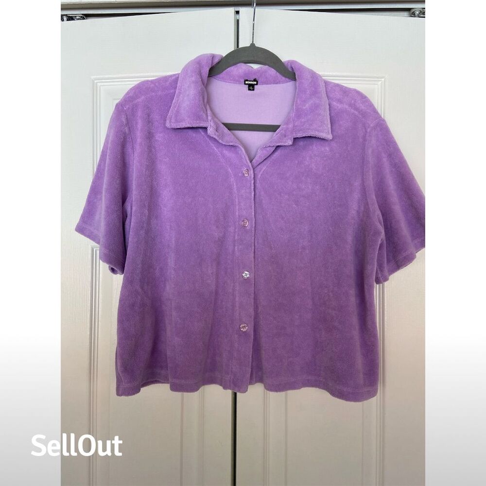 Monrow Purple Short Sleeve Button-Up Shirt Size L Standard Casual